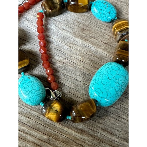 R.J. Graziano Tiger Eye Turquoise Gemstone Bead Necklace Statement Boho Western - Picture 6 of 7